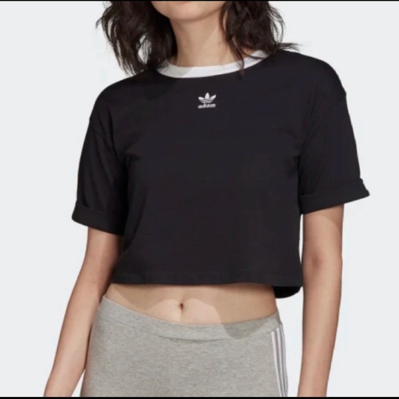 Adidas Originals Black Crop Top Trefoil T-Shirt - Picture 1 of 8